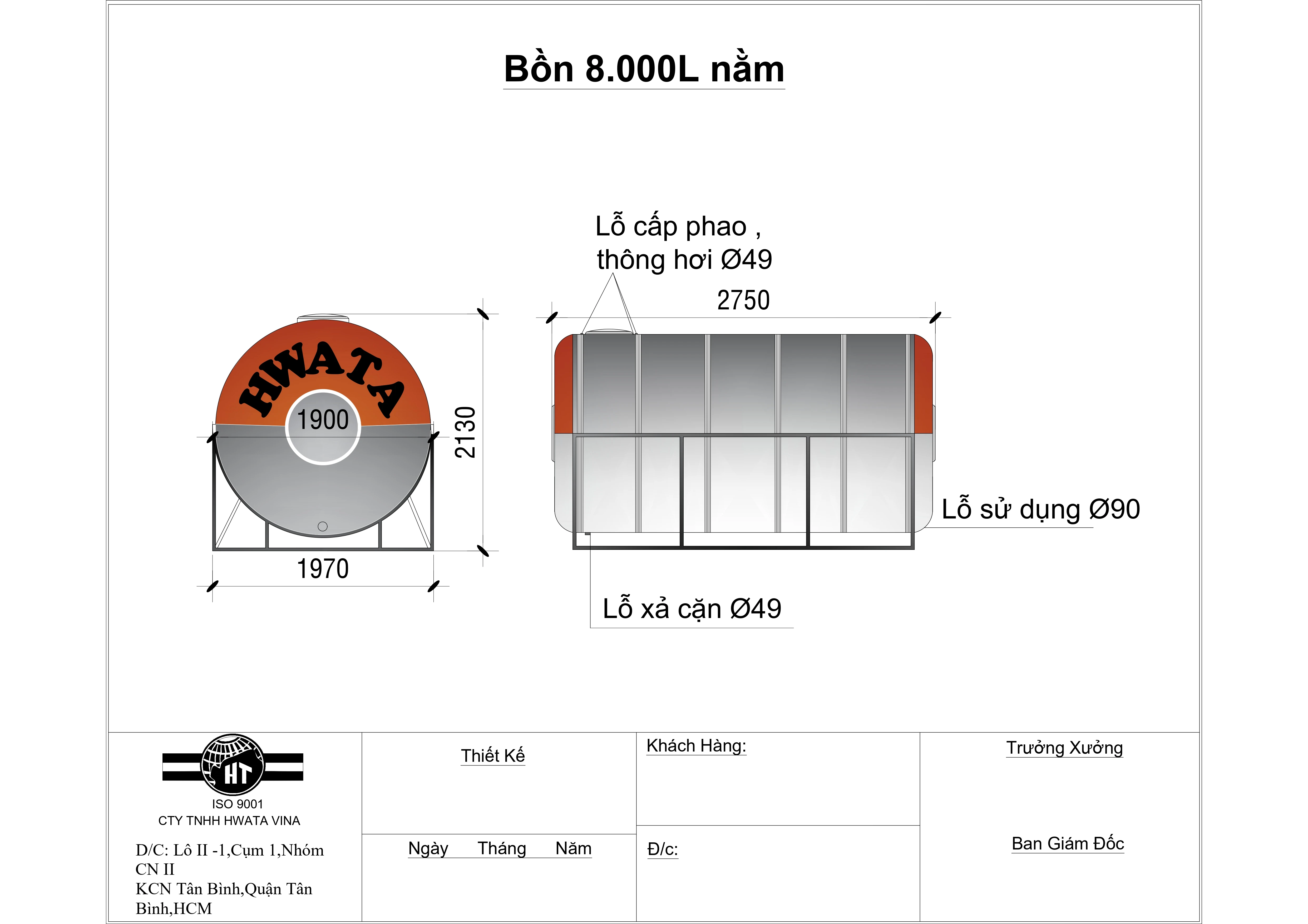 Bản vẽ kỹ thuật Bồn Nước Inox Hwata 8000L Ngang HW8000N Bản vẽ kỹ thuật Bồn Nước Inox Hwata 8000L Ngang HW8000N